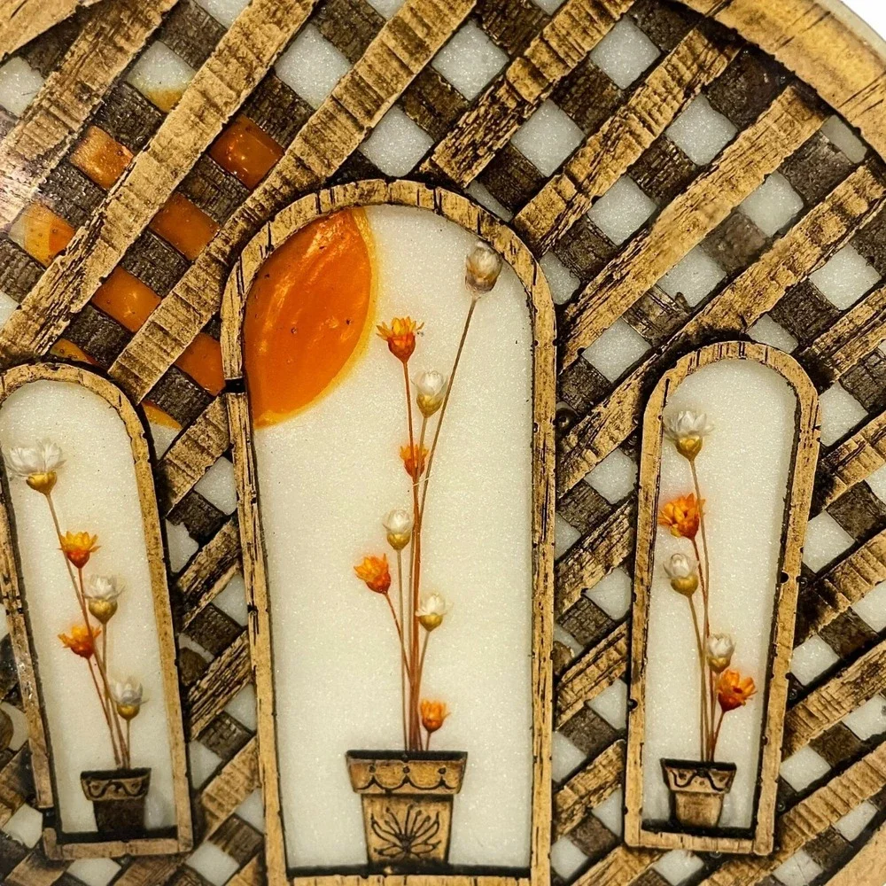 Vintage Dried Flowers Sun Basket Weave Resin Lucite Trivet 8